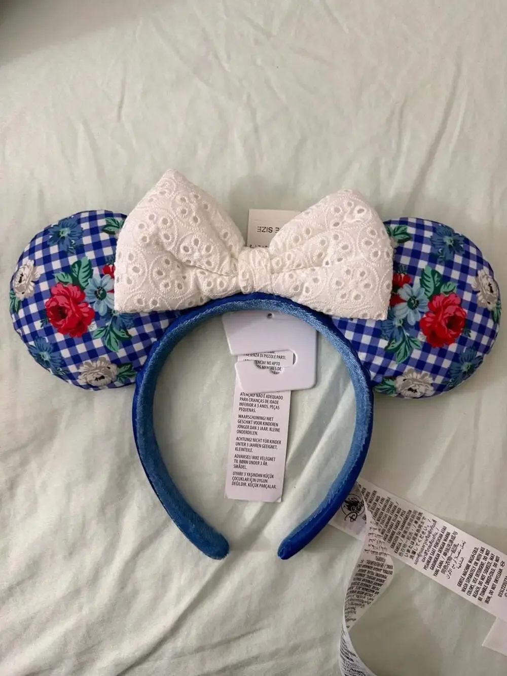 Disney Parks Minnie Mouse Blue Gingham Floral Checkered Ear Headband